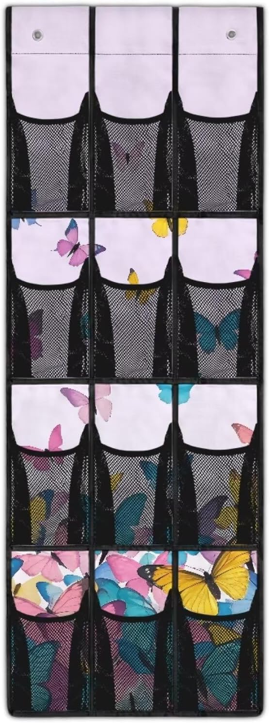 Butterfly Over the Door Shoe Organizer,Hanging Storage Bags with 12 Mesh Large Pockets,Behind Door Shoes Hang Holder Rack
