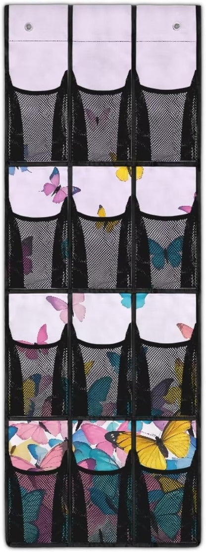 Butterfly Over the Door Shoe Organizer,Hanging Storage Bags with 12 Mesh Large Pockets,Behind Door Shoes Hang Holder Rack