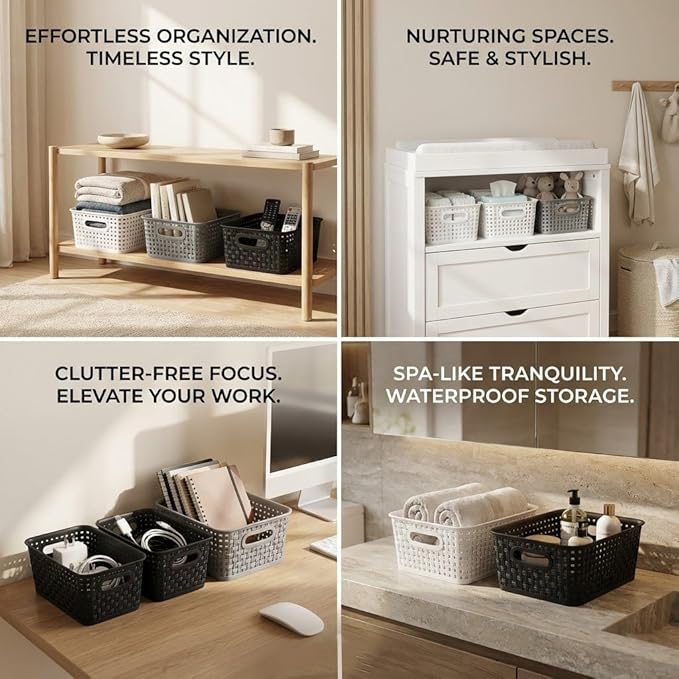 6 Pack Plastic Small Woven Storage Baskets, Black/White/Grey Assorted Organizer Shelf Weave Baskets for Home Organization, Pantry, Closet, Bathroom, Kitchen (10x7.5x4 in)