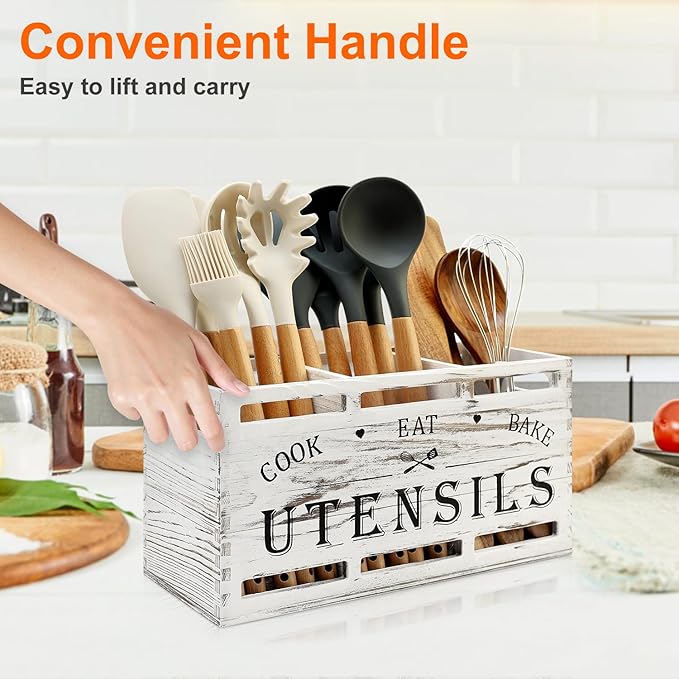 Wood Large Utensil Holder for Kitchen Counter Spatula Holder Cooking Utensils Organizer Farmhouse Utensil Caddy Rustic White Kitchen Decor Tools Gift Wooden Countertop Cutlery Caddy Spoon Holder
