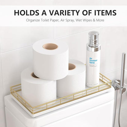 Toilet Paper Basket Organizer – Oak Wood Toilet Tank Tray with Metal Frame, Bathroom Counter Top Storage for Toilet Paper, Wipes & Decor, Modern Narrow Back of Tank Shelf Organizer, Gold & White