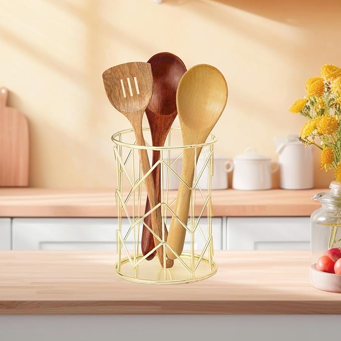 Tissting Gold Cutlery Basket Organizer 3.3×4.3in/8.4×10.9cm, Hollow Metal Utensil Holder for Spoon Fork Chopsticks, Kitchen Tableware Storage Caddy, Countertop Accessory