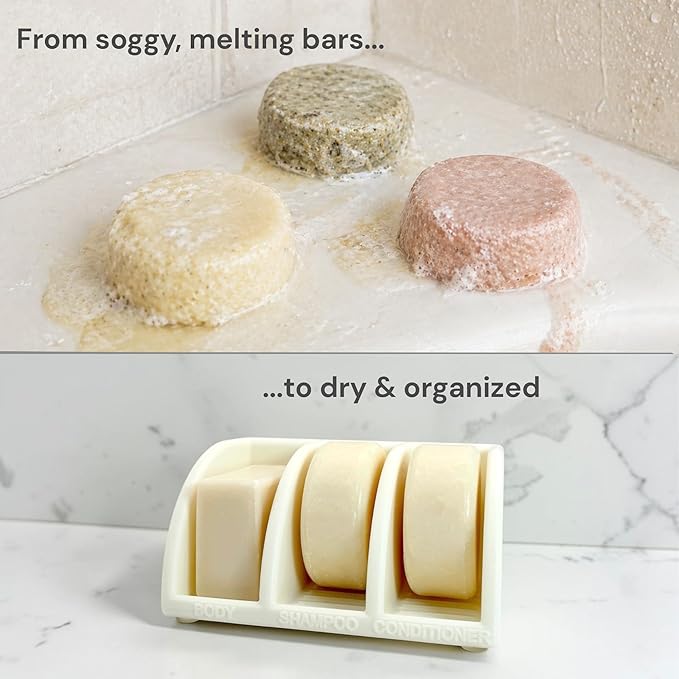 Shampoo Bar Holder for Shower, 3-Slot Soap & Conditioner Organizer with Drainage - Keeps Bars Dry & Lasts Longer - Modern Bathroom Organizer by Essence & Abode (Jade White)
