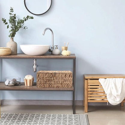 Hipiwe Handwoven Wicker Basket Natural Water Hyacinth Storage Bin with Lid Decorative Shelf Basket with Handles for Closet Living Room Bathroom, 17.0" L x 13.2" W x 7.0" H