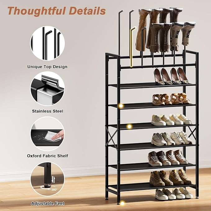 Free Standing Shoe Racks, 8-Tier Boot Rack Organizer for Tall Boots, Sneakers, High-Heel, Black Metal Shoe Storage for Dorm Room, Closet, Entryway, Hallway, Black, Holds 6 Pairs