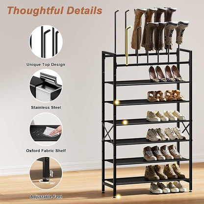 Free Standing Shoe Racks, 8-Tier Boot Rack Organizer for Tall Boots, Sneakers, High-Heel, Black Metal Shoe Storage for Dorm Room, Closet, Entryway, Hallway, Black, Holds 6 Pairs