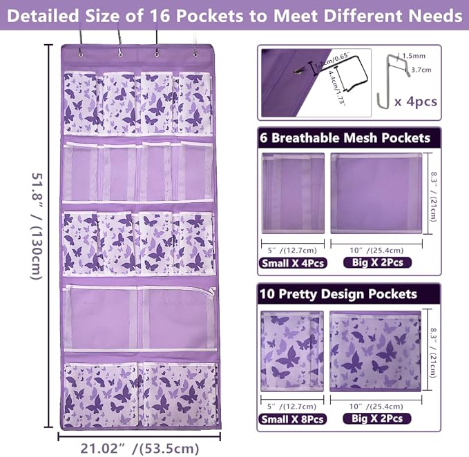 16 Pockets Over Door Hanging Storage Organizer with 4 Kinds Pouches for Shoes,Sock,Hat,Underwear,Handbag,Cosmetics,Toiletry,Behind Door Hanging Shelf Space-saving for Bathroom,Bedroom,Entrance,Purple