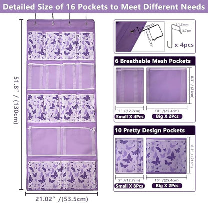 16 Pockets Over Door Hanging Storage Organizer with 4 Kinds Pouches for Shoes,Sock,Hat,Underwear,Handbag,Cosmetics,Toiletry,Behind Door Hanging Shelf Space-saving for Bathroom,Bedroom,Entrance,Purple