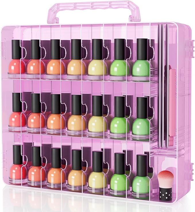 SUBAY Nail Polish Organizer Case for 48 Bottles, Double Side Nail Polish Holder for Storage Display, Portable Nail Polish Storage with 2 Toe Separators, 6 Adjustable Dividers for Space Saver, Pink
