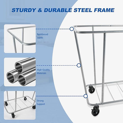 PLKOW Laundry Cart with Wheels 320L Large Rolling Laundry Cart for Commercial/Home, Rolling Laundry Basket with Steel Frame and Waterproof Lining, 9 Bushel, 32.3L x 19.7W x 30.7H Inch, Grey