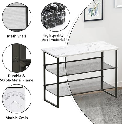 Garden 4 you Shoe Rack for Entryway 3 Tiers 11.8" D x 25" W x 20" H, Metal Shoe Rocks with White Wooden Tabletop, Angled Shoes Rack with Adjustable Mesh Shelves for Entryway Hallway Closet