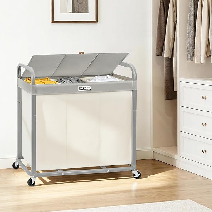 STORAGE MANIAC 3 Section Laundry Sorter, 60 Gal. Laundry Hamper Cart with Heavy Duty Rolling Lockable Wheels and Removable Bags, Clothes Organizer Basket Clothes Separator Hamper, Beige with Lid