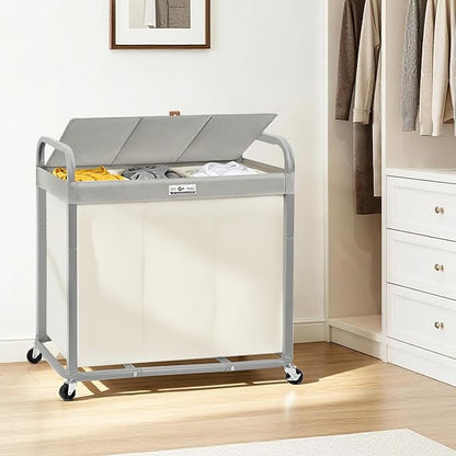 STORAGE MANIAC 3 Section Laundry Sorter, 60 Gal. Laundry Hamper Cart with Heavy Duty Rolling Lockable Wheels and Removable Bags, Clothes Organizer Basket Clothes Separator Hamper, Beige with Lid