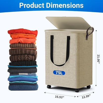 Laundry Basket with 5 Wheels, Tall Dirty Laundry Hamper, Rolling Laundry Basket with Lid, Collapsible Clothes Hamper for Bathroom Bedroom Dorm Laundry Room, Khaki, 75L