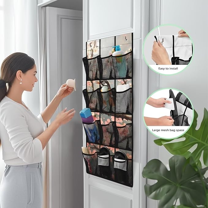 American Robin Over the Door Shoe Organizer 4 Shelf 12 Large Mesh Pockets Shoe Rack for Door Closet Organizer for Small Spaces Waterproof Storage Bag for Toiletries Shoes Snacks