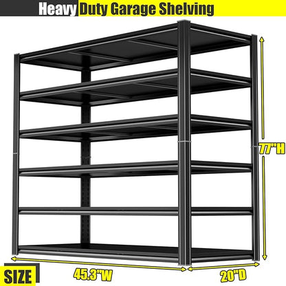 Heavy Duty Garage Shelving Unit, 6-Tier Adjustable Metal Storage Shelves, High-Capacity Storage Rack, 3600LBS Utility Shelf for Garage & Basement, Tool Organization, Warehouse, 77" H, Black