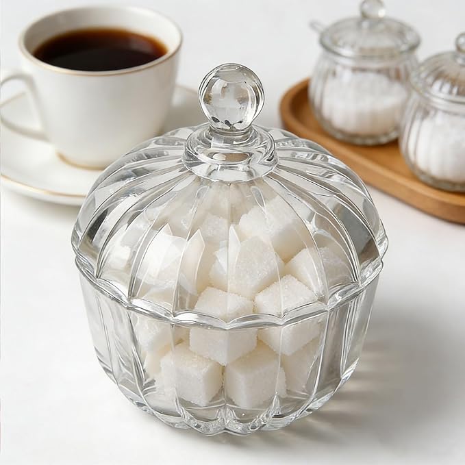 Clear Glass Jar with Lid - Pumpkin Glass Sugar Bowl with Lid for Coffee Station Sugar Cube Holder, Bathroom Qtip & Cotton Ball Organizer, Kitchen Storage & Home Decor Candy Jar