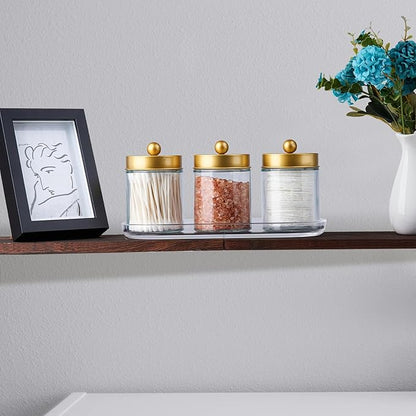 SheeChung 3-Pack Glass Apothecary Jars with Acrylic Vanity Tray - Bathroom Organizer Set for Qtip, Cotton Ball, Floss Picks - Luxury Style Bathroom Accessories Storage Canister（Gold)