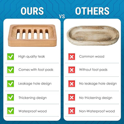 DEBETOOL Teak Wood Soap Dish, 2 Pack Waterproof Self Draining Soap Dish - Natural Wooden Bar Soap Holder for Bathroom and Kitchen