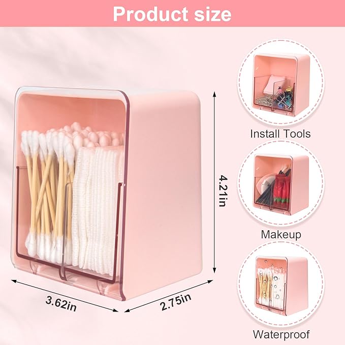 Q tip Holder with 2 Compartments, Plastic Cotton Swab Holder Clear Qtip Organizer in Home Bathroom for Cotton Ball, Swab, Round Pads, Plastic Floss Pick Holder, Pink