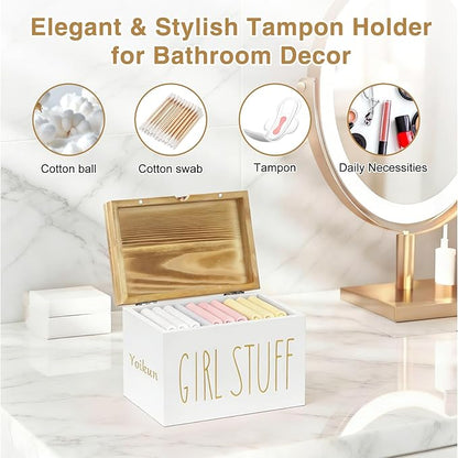 Tampon Holder for Bathroom with Hinged Lid, Modern Farmhouse Feminine Product Organizer, Decorative Storage Box for Pads & Period Essentials, Toilet Tank or Countertop (White)