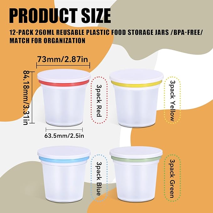 12 Pack 8.8oz Plastic Food Storage Containers with Lids, Small Meal Prep Container Jars for Food, Salad, Soup, Snack, Freezer & Lunch