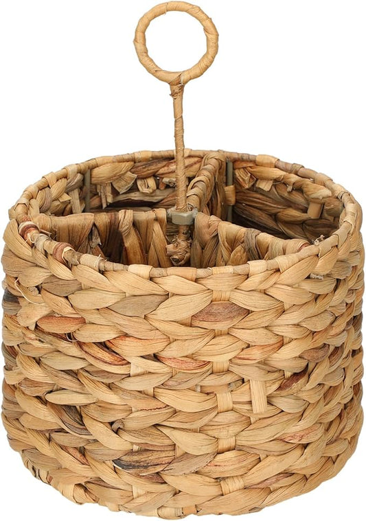Glenmal Wicker Flatware Storage Basket Utensil Caddy Hand Woven Divided Cutlery Holder Kitchen Utensil Organizer Water Hyacinth Silverware Organizer with Handle for Countertop Party (Round)