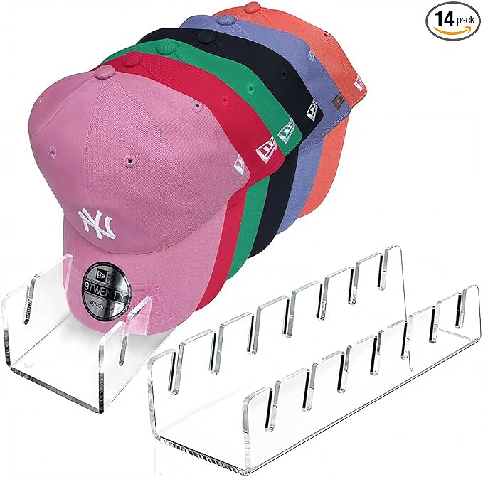 CHENYAOAI Hat Organizer for Baseball Caps, 2 Pcs No Install Acrylic Hat Stand for 14 Baseball Caps, Hat Racks for Caps Display and Organizer for Bedroom, Closet, Dresser, Office, Hat Holder