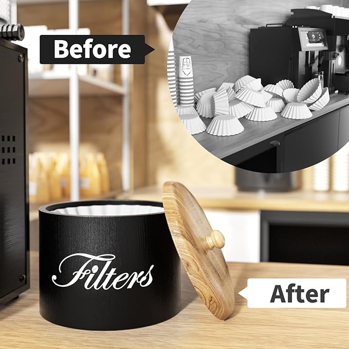 Wooden Coffee Filter Holder with Lid, Basket Storage Container for Counter, Black Small Bar Accessories for Coffee Bar Station(Black Wooden)