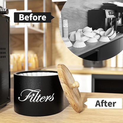 Wooden Coffee Filter Holder with Lid, Basket Storage Container for Counter, Black Small Bar Accessories for Coffee Bar Station(Black Wooden)