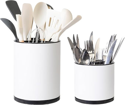 LIBODOUR Kitchen Utensil Holder Extra Large Rotating For Counter Organizer Stainless Steel Storage Cooking Silverware Caddy 3 Compartment Flatware Spoon Spatula Tool Cutlery Container(2 Set White)
