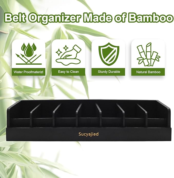 Belt Organizer, 7 Compartments Belt Organizer for Closet and Drawer, Belt Holder Case for Tie and Belt, Bamboo Storage Box for Men and Women (Black, 7)