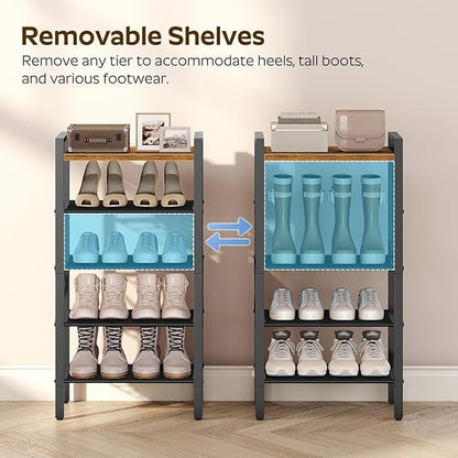 YATINEY 5-Tier Narrow Shoe Rack, Tall Shoe Rack for 5-10 Pairs, Slim Shoe Storage Organizer with Wooden Top, Space Saving, Metal Frame, for Entryway, Rustic Brown and Black SS65BR