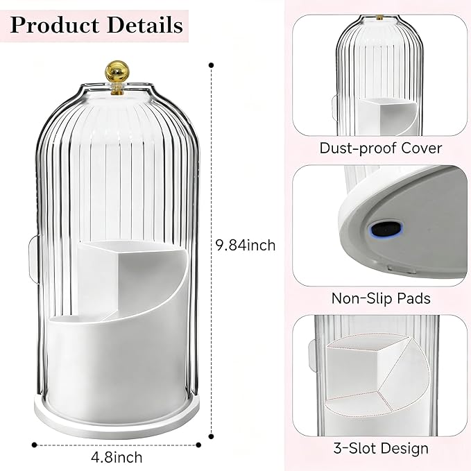 360° Rotating Makeup Brush Holder, Cosmetic Organizer with 180° Sliding Lid, Beauty Brush Storage for Vanity, Desk, Bathroom Countertop