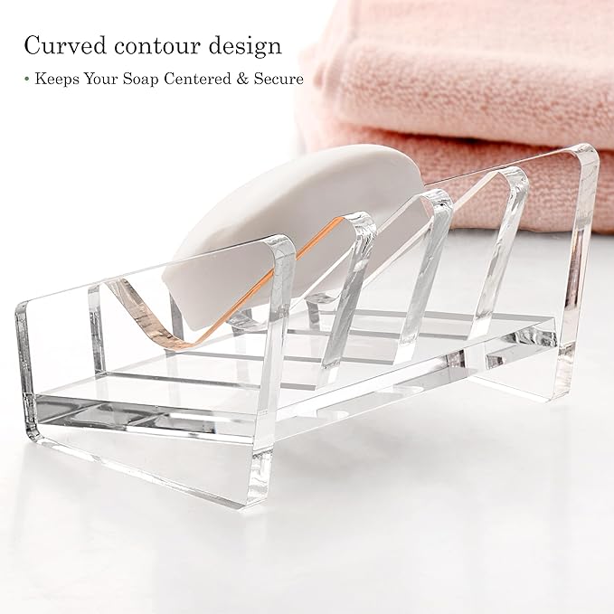 Acrylic Bar Soap Holder, 8MM Thick Clear Anti-Slip Self Draining Soap Dish for Shower, Bathroom, Kitchen, Bath Tub, Countertop, Easy Clean