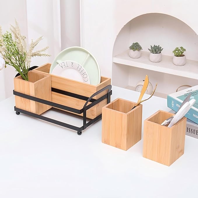Silverware Caddy Wood Utensil Holder Paper Plate Dispenser Diningware storage box Cutlery Flatware Organizer Box for Spoons Forks Plates Napkins