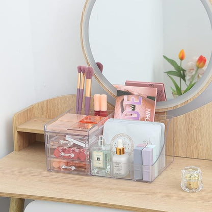 Cq acrylic 1 Pack Clear Make Up Organizer Countertop,Stackable 3 Drawers Makeup Storage,Cute Vanity Organizers for Dresser Hair Clip,Jewelry,Beauty Product Desk and Bathroom Organizers and Storage
