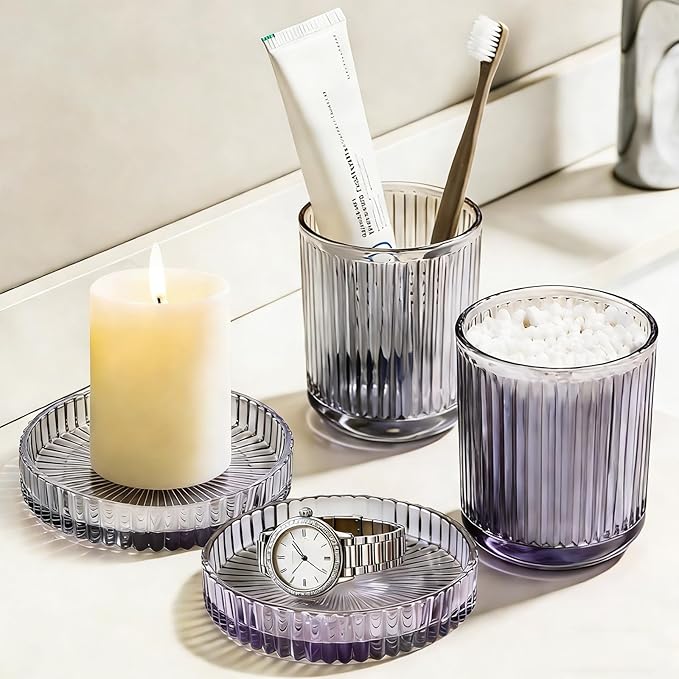Glass Qtip Dispenser 2 Pack, Clear Bathroom Storage Organizer for Cotton Swabs, Balls, Pads & Floss Picks, Vanity Makeup Essential Accessories (Purple)