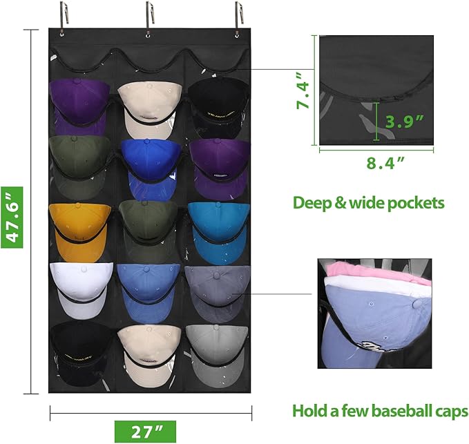 Dofilachy Hat Rack - Hat Organizer - Hat Racks for Baseball Caps, Visible Hat Holder - Baseball Hat Rack for Wall Door with 3 Hooks, 18 Deep Pockets(Black, medium)