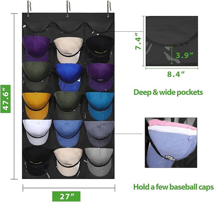 Dofilachy Hat Rack - Hat Organizer - Hat Racks for Baseball Caps, Visible Hat Holder - Baseball Hat Rack for Wall Door with 3 Hooks, 18 Deep Pockets(Black, medium)