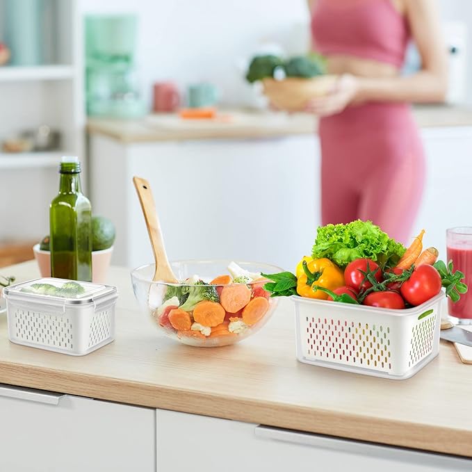 12 Pieces Fruit Storage Containers For Fridge, 6 Pack BPA-Free Fresh Food Containers with Removable Colanders and Airtight Lids, Fresh for Fruit Berry Produce Vegetable, Dishwasher & Microwave Safe