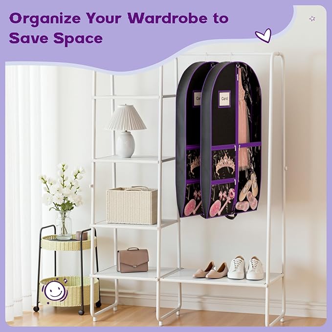 2Pack Dance Garment Bags for Dancers, 40" Garment Bags for Hanging Clothes with 3 Clear Zipper Pockets, Cheer Uniform Garment Bag for Suits, Travel & Sports Jersey, Cheer Uniform (Purple, 2Pack 40")