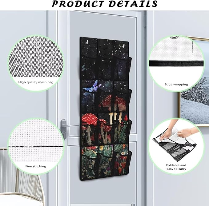 Over The Door Shoe Organizer, 12 Mesh Pockets, Space Saving Hanging Storage Holder, Closet Rack Hanger Hangs On Closets for Shoes, Accessories,Mushrooms