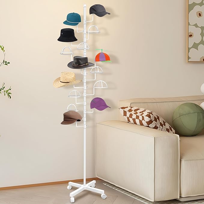 Montex Hat Rack Stand 15 Hooks, Hat Display Stand Metal, Hat Display for Stores, 15 Customizable Circular Hooks (White)