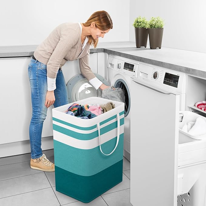 StorageRight Large Collapsible Laundry Basket Hamper with Easy Carry Handles，Freestanding Clothes Hampers for Laundry, Bedroom, Dorm, Towels, Toys, 75L, Green