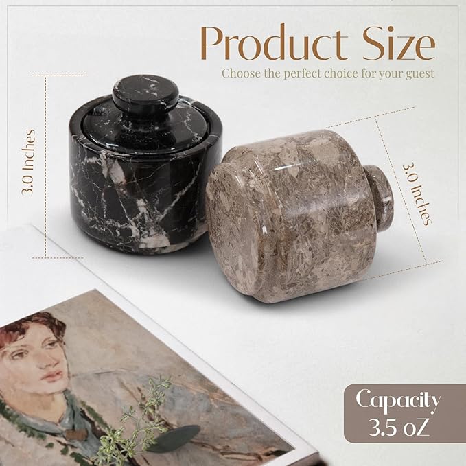 MARBLOUS KRAFTS Marble Salt Cellar with Lid 3" Zebra Black and Oceanic Sea Salt, Pepper Container for Kitchen Storage, Stone Spice Jar, Perfect Mother’s Day Gift, New Home