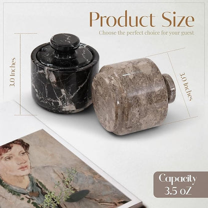 MARBLOUS KRAFTS Marble Salt Cellar with Lid 3" Zebra Black and Oceanic Sea Salt, Pepper Container for Kitchen Storage, Stone Spice Jar, Perfect Mother’s Day Gift, New Home