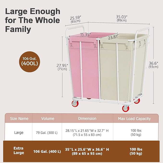 Hoctieon 2 Section Laundry Sorter Cart, 400L Rolling Hamper with Wheels, Industrial Laundry Basket Organizer, Extra Large Dirty Clothes Hamper for Home & Hotel, Heavy Duty, Pink+Beige