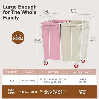 Hoctieon 2 Section Laundry Sorter Cart, 400L Rolling Hamper with Wheels, Industrial Laundry Basket Organizer, Extra Large Dirty Clothes Hamper for Home & Hotel, Heavy Duty, Pink+Beige
