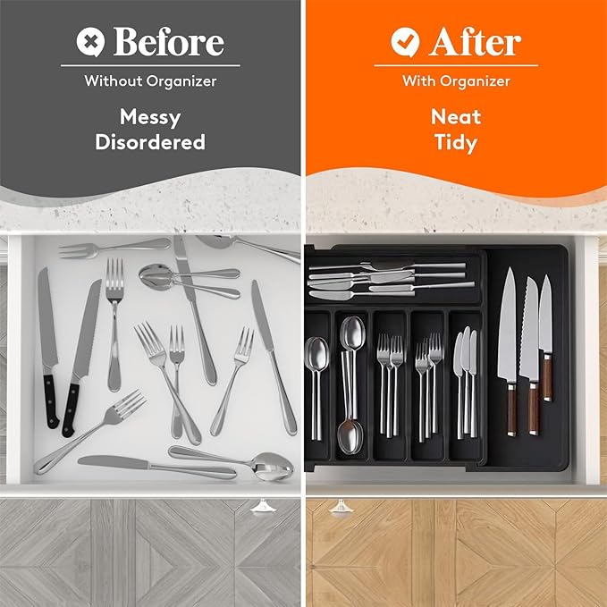 Silverware Drawer Organizer, Expandable Kitchen Drawer Organizer, Adjustable Cutlery Storage, Flatware and Cutlery Holder for Spoons Forks Knives (Gray)